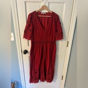Sea New York Red Button Midi Dress Embroidered Tuckernuck Size 12